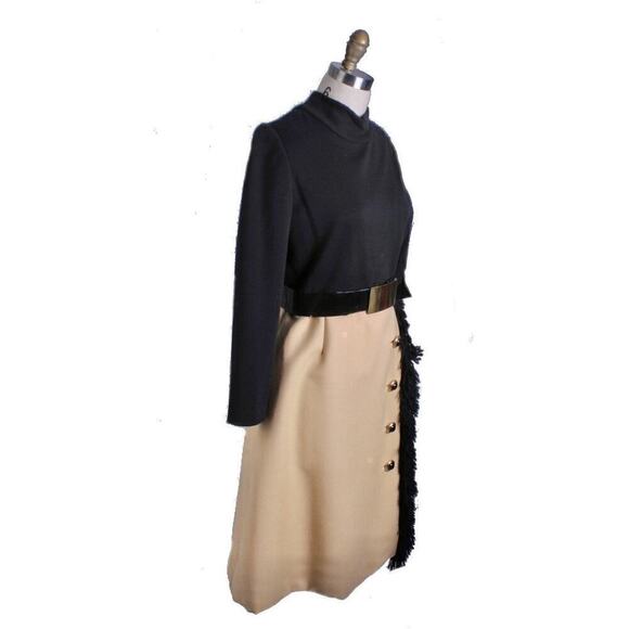 Retro Pat Sandler Wool Knit Dress Color Block Black/Tan Fringe 69's-70s Size M - Picture 4 of 7